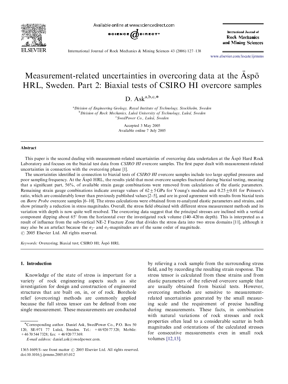 Measurement-related uncertainties in overcoring data at the Äspö HRL, Sweden. Part 2: Biaxial tests of CSIRO HI overcore samples