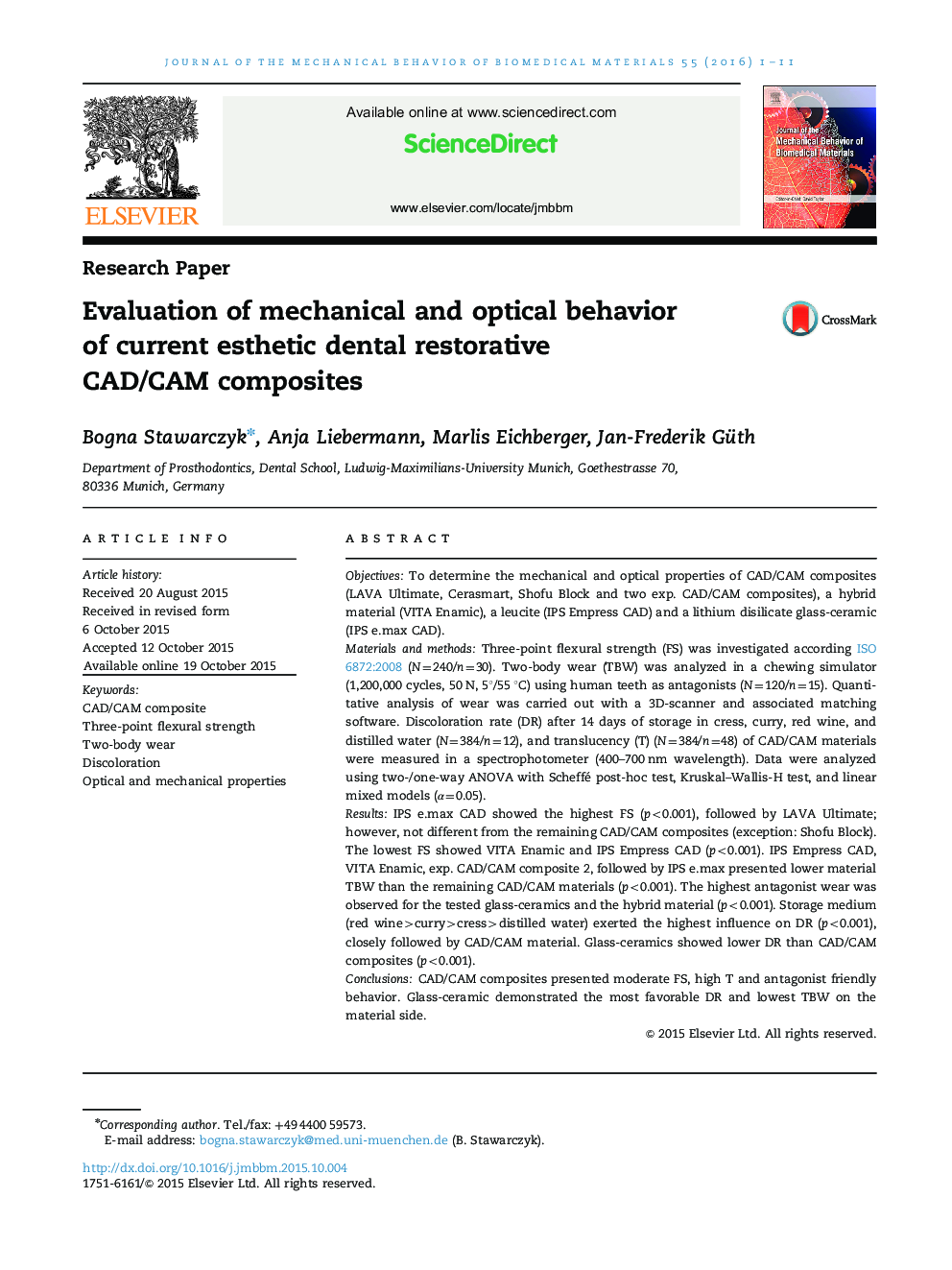 Evaluation of mechanical and optical behavior of current esthetic dental restorative CAD/CAM composites