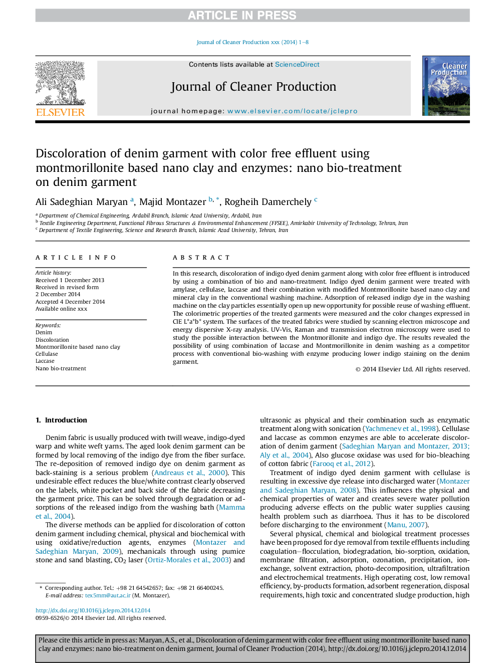 Discoloration of denim garment with color free effluent using montmorillonite based nano clay and enzymes: nano bio-treatment on denim garment