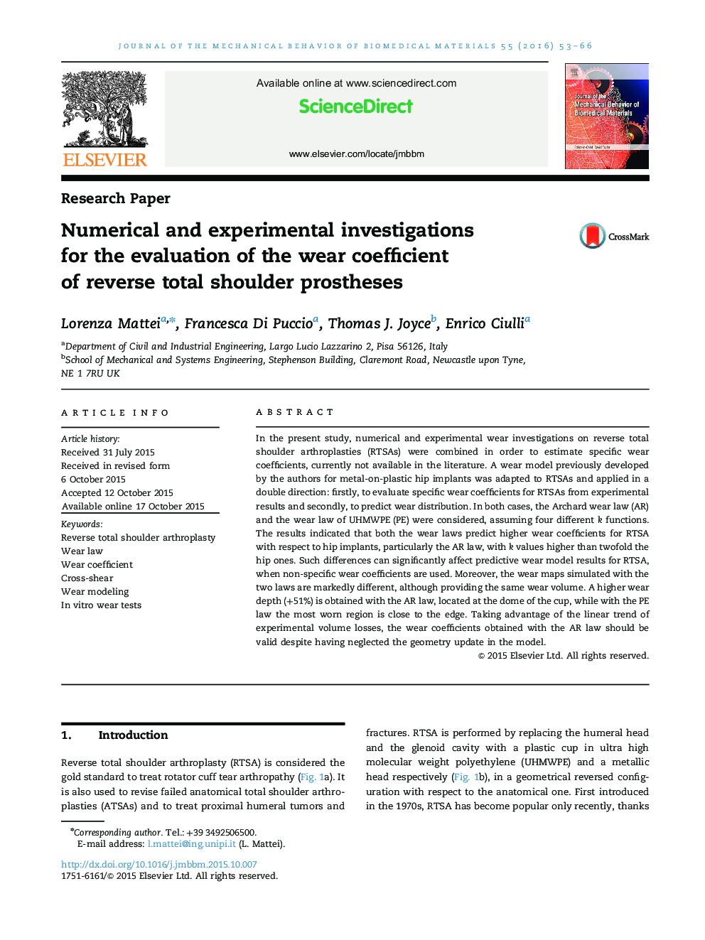 Numerical and experimental investigations for the evaluation of the wear coefficient of reverse total shoulder prostheses