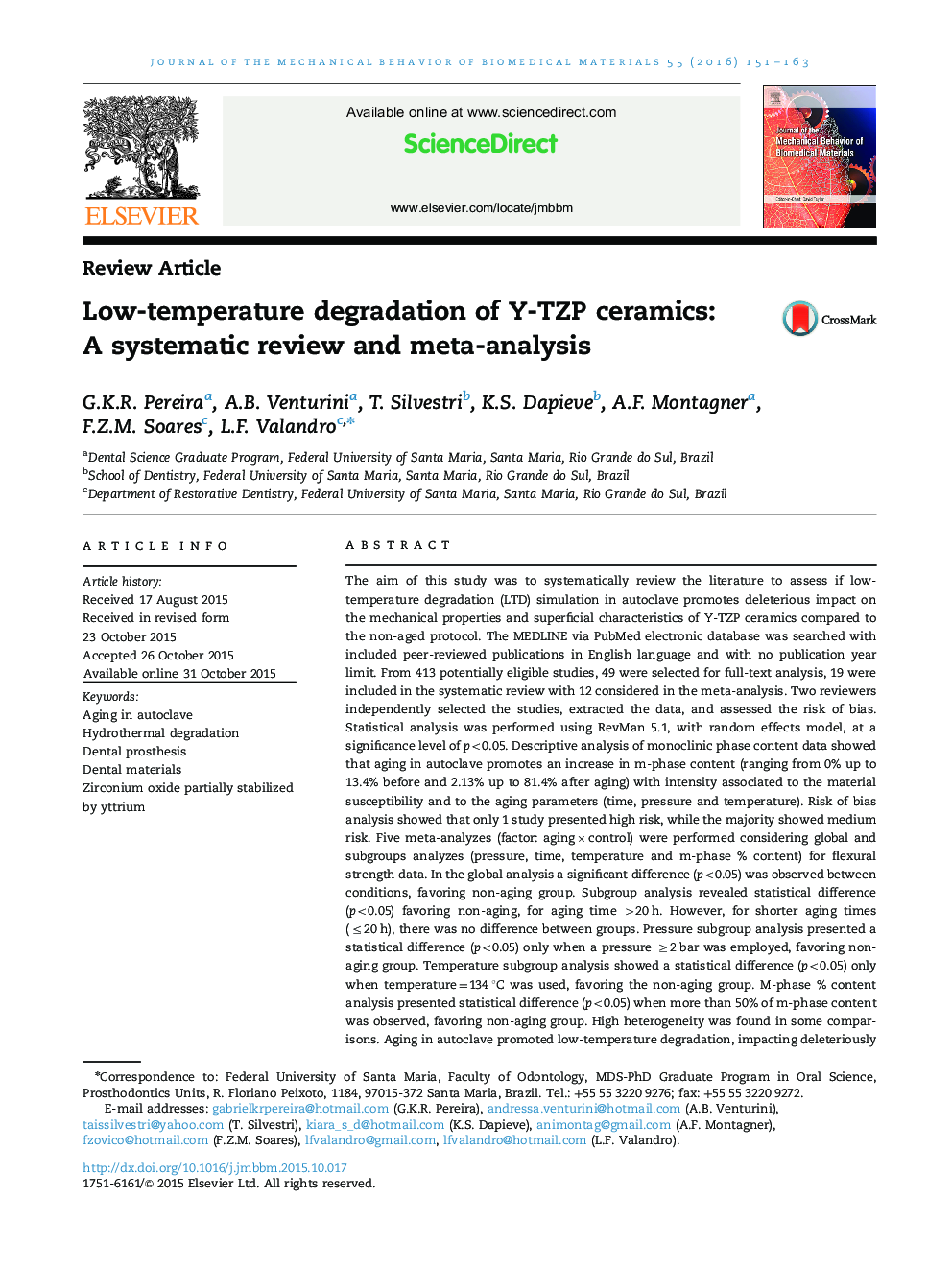 Low-temperature degradation of Y-TZP ceramics: A systematic review and meta-analysis