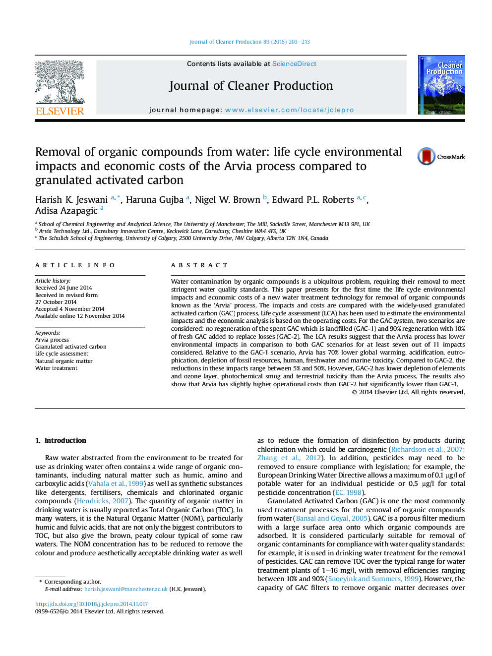 Removal of organic compounds from water: life cycle environmental impacts and economic costs of the Arvia process compared to granulated activated carbon