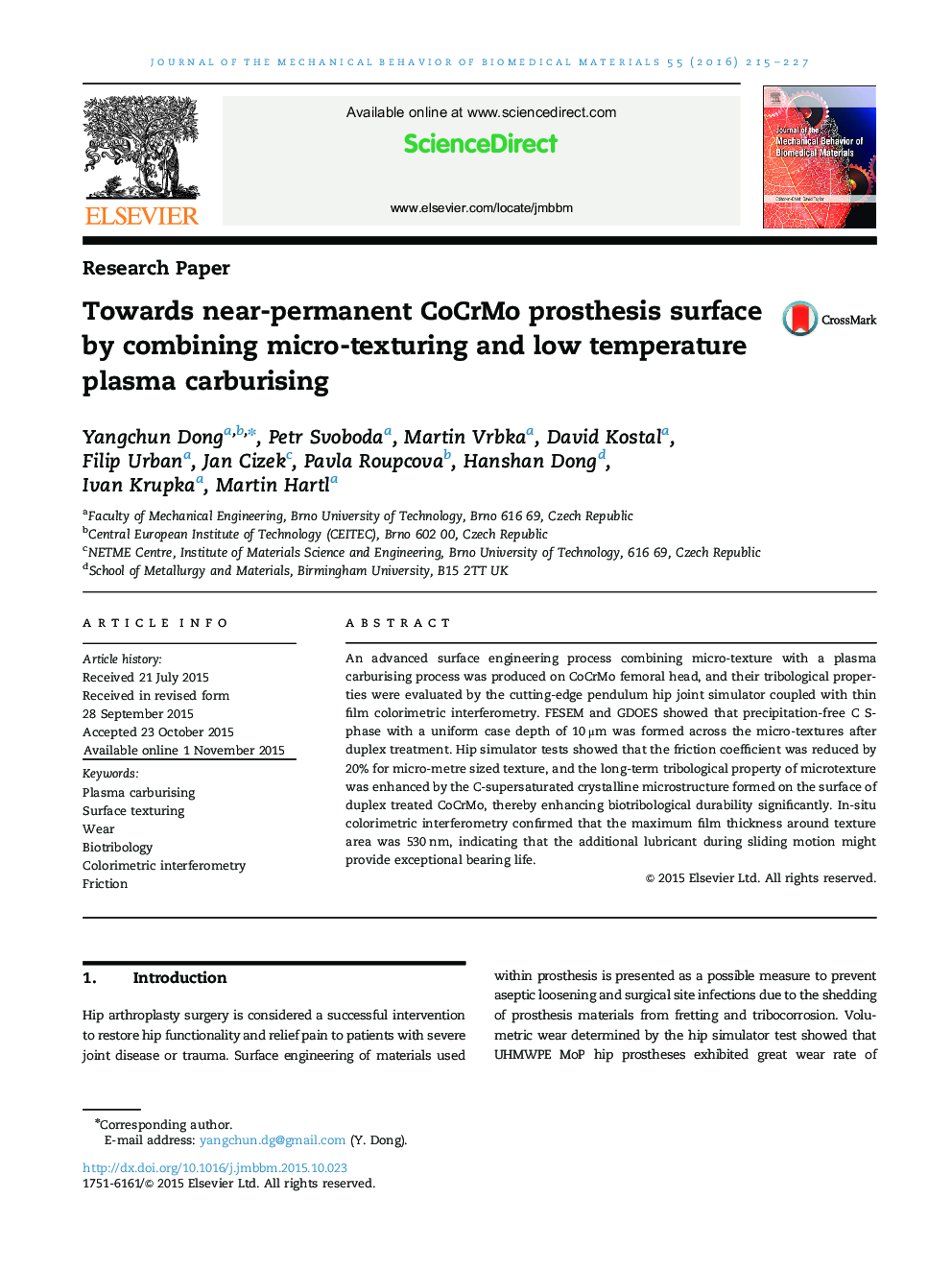 Towards near-permanent CoCrMo prosthesis surface by combining micro-texturing and low temperature plasma carburising