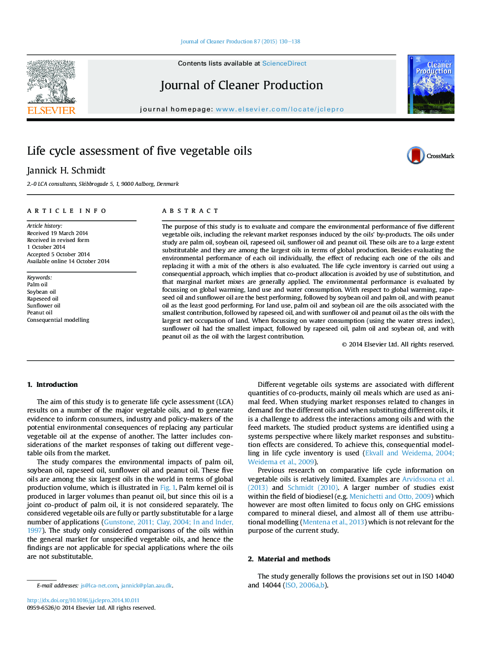 Life cycle assessment of five vegetable oils