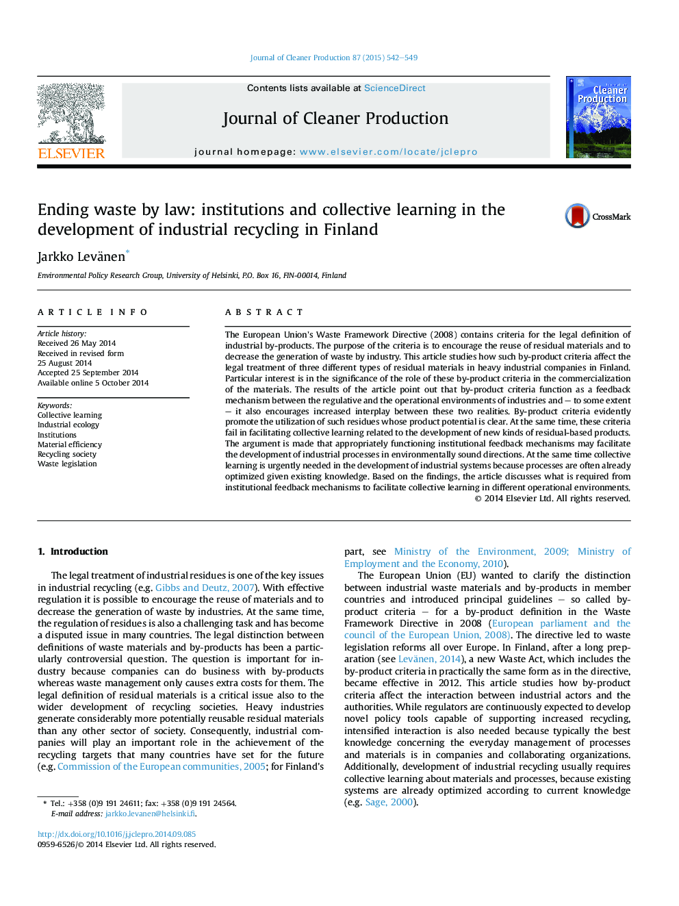 Ending waste by law: institutions and collective learning in the development of industrial recycling in Finland