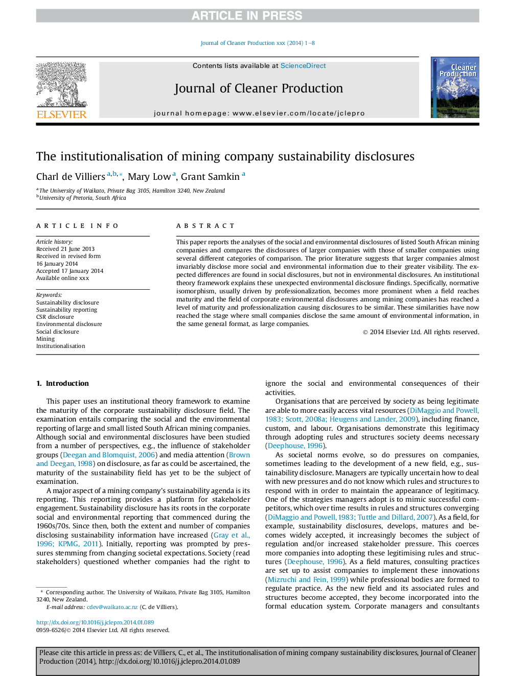 The institutionalisation of mining company sustainability disclosures