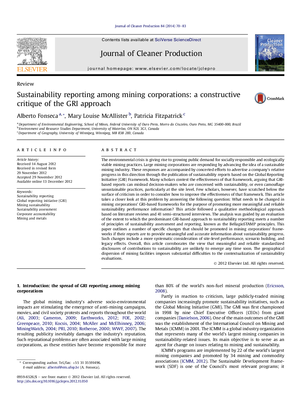 Sustainability reporting among mining corporations: a constructive critique of the GRI approach