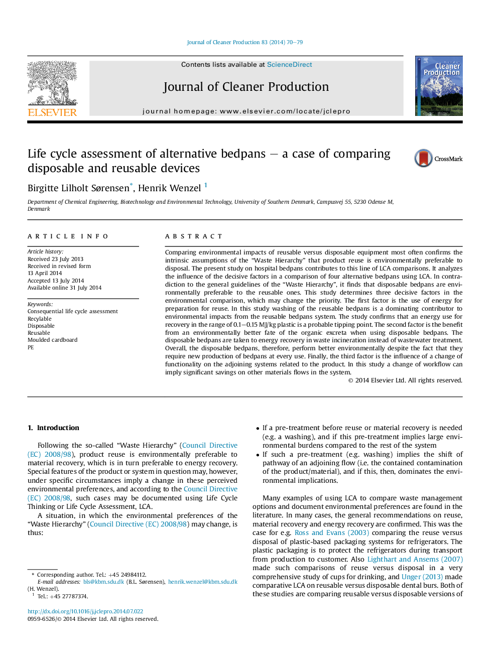 Life cycle assessment of alternative bedpans - a case of comparing disposable and reusable devices