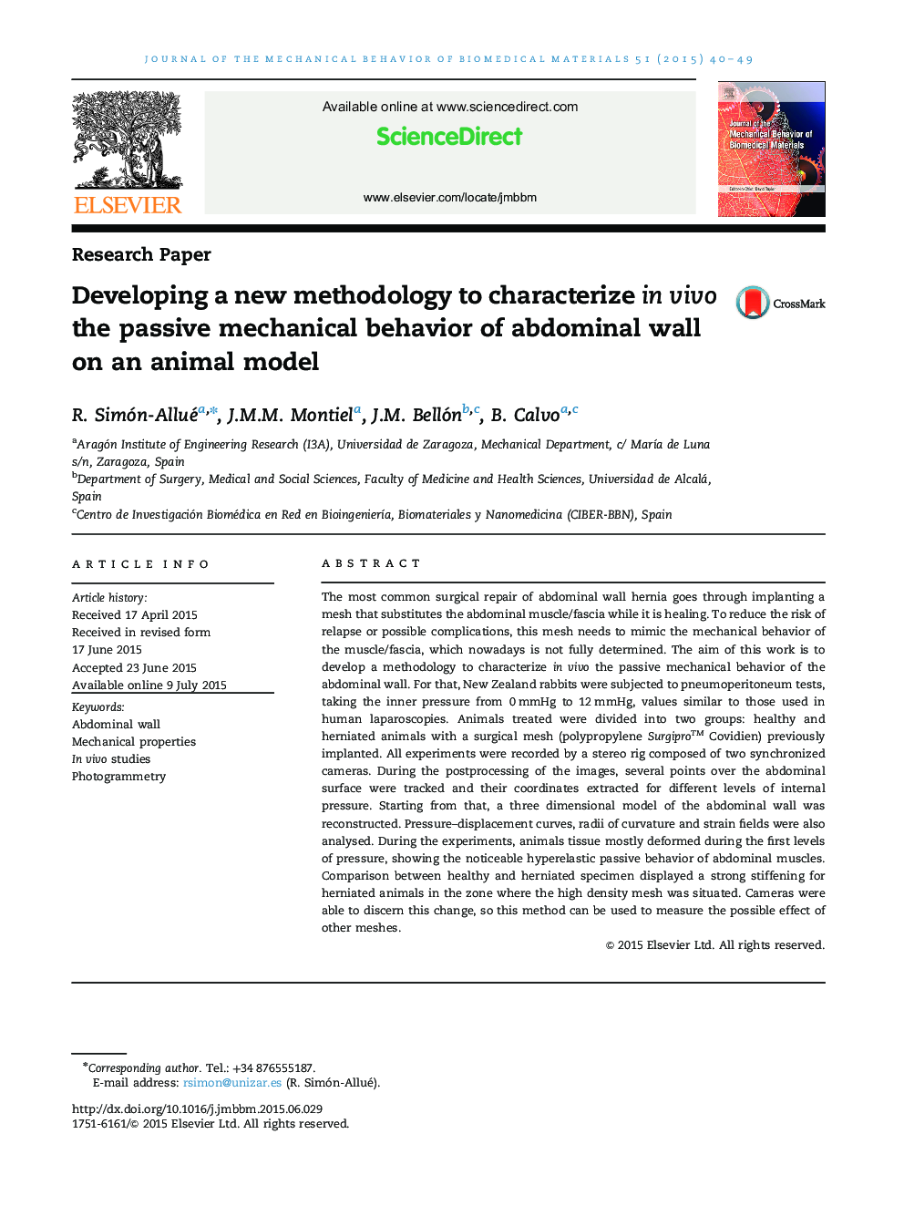 Developing a new methodology to characterize in vivo the passive mechanical behavior of abdominal wall on an animal model