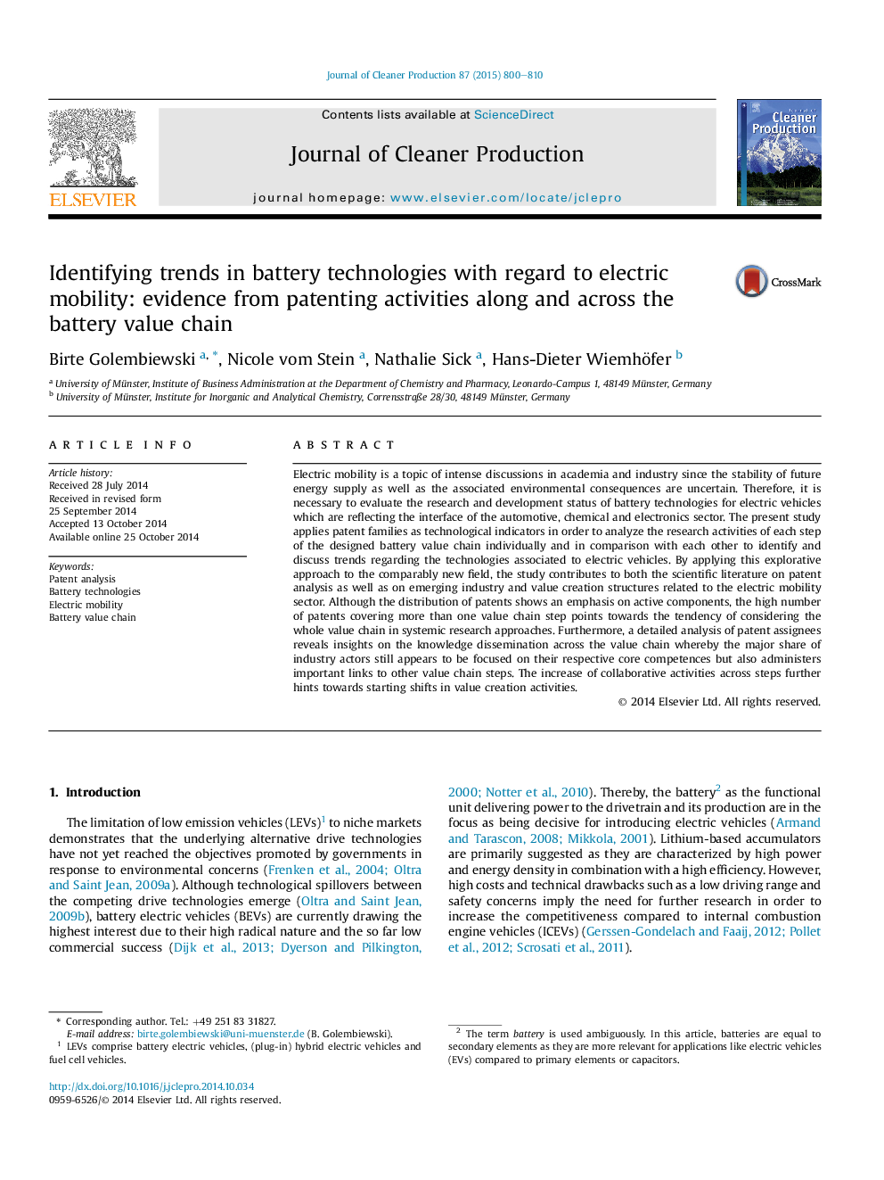 Identifying trends in battery technologies with regard to electric mobility: evidence from patenting activities along and across the battery value chain