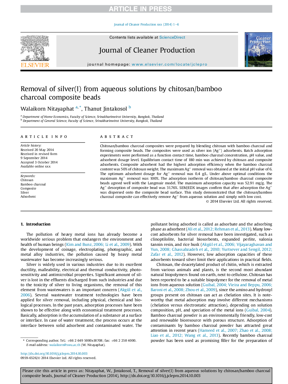 Removal of silver(I) from aqueous solutions by chitosan/bamboo charcoal composite beads