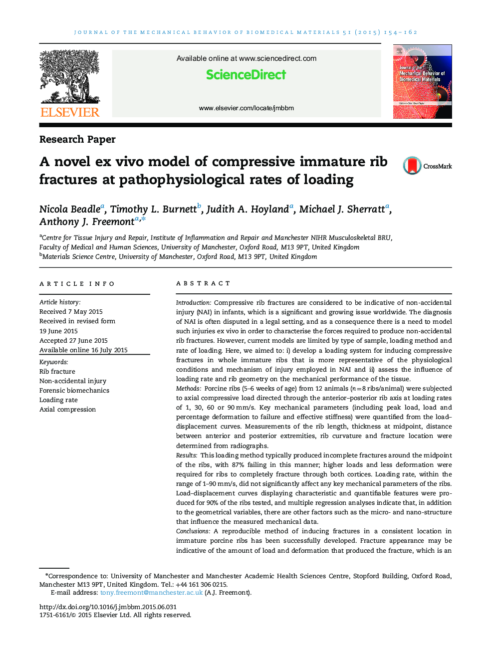 A novel ex vivo model of compressive immature rib fractures at pathophysiological rates of loading