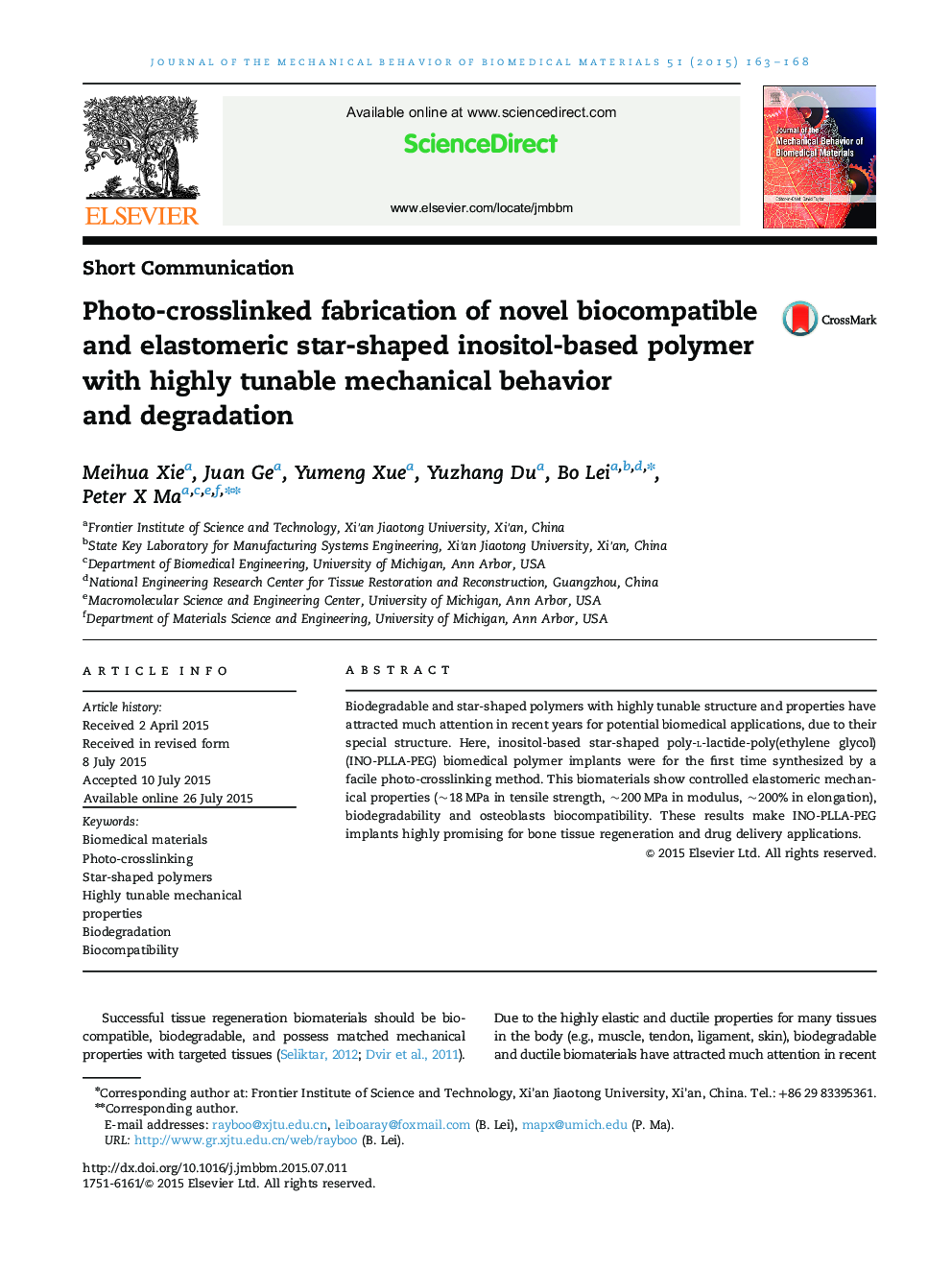 Photo-crosslinked fabrication of novel biocompatible and elastomeric star-shaped inositol-based polymer with highly tunable mechanical behavior and degradation