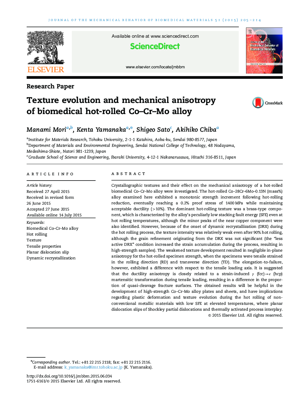 Texture evolution and mechanical anisotropy of biomedical hot-rolled Co–Cr–Mo alloy