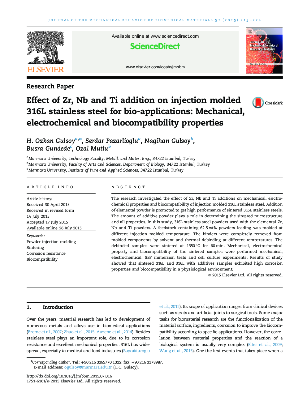 Effect of Zr, Nb and Ti addition on injection molded 316L stainless steel for bio-applications: Mechanical, electrochemical and biocompatibility properties