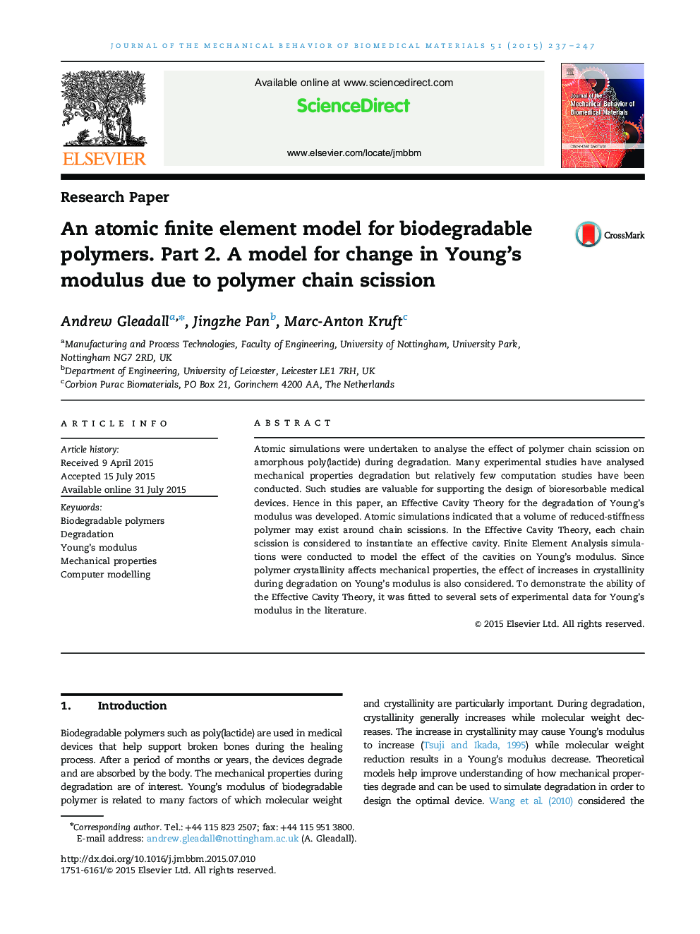 An atomic finite element model for biodegradable polymers. Part 2. A model for change in Young’s modulus due to polymer chain scission