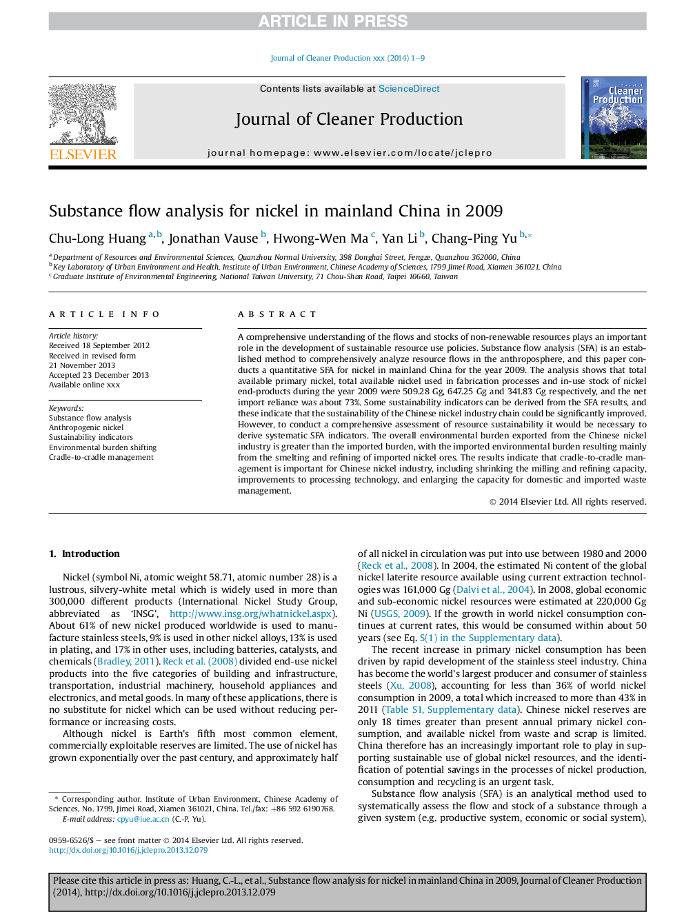 Substance flow analysis for nickel in mainland China in 2009