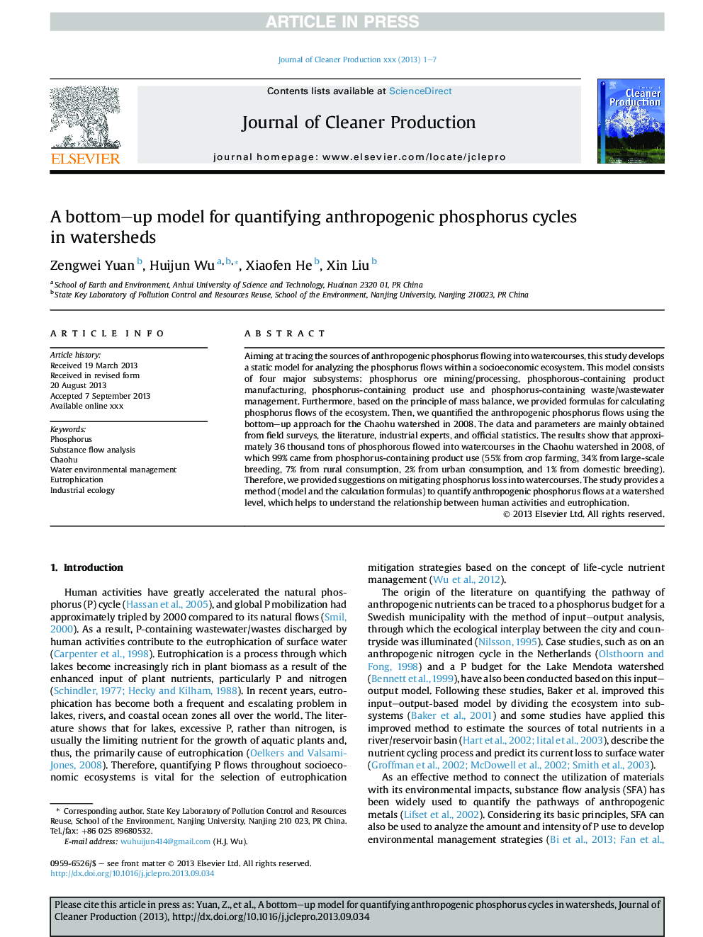 A bottom-up model for quantifying anthropogenic phosphorus cycles in watersheds