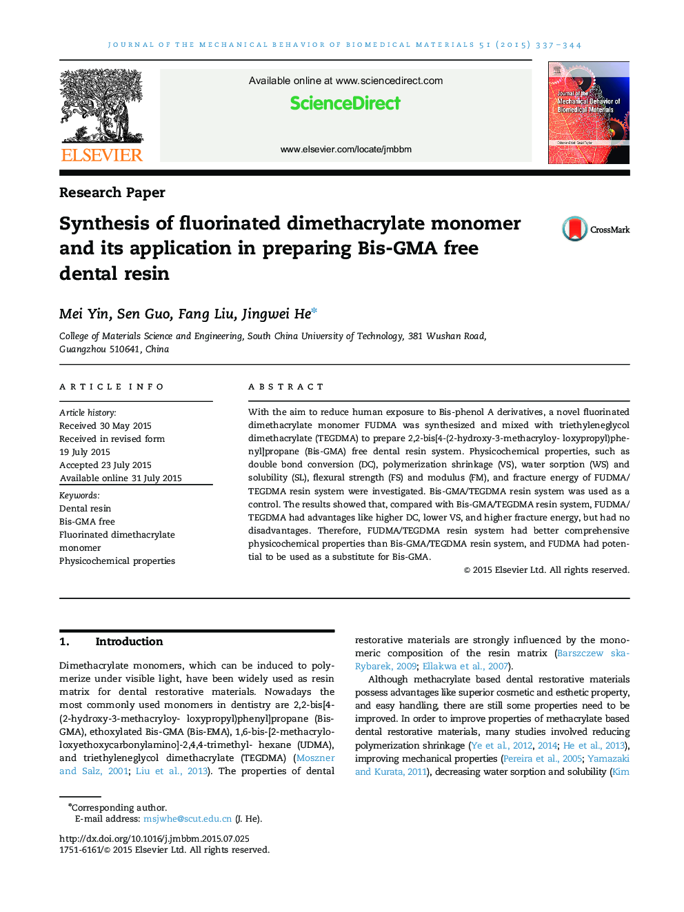 Synthesis of fluorinated dimethacrylate monomer and its application in preparing Bis-GMA free dental resin