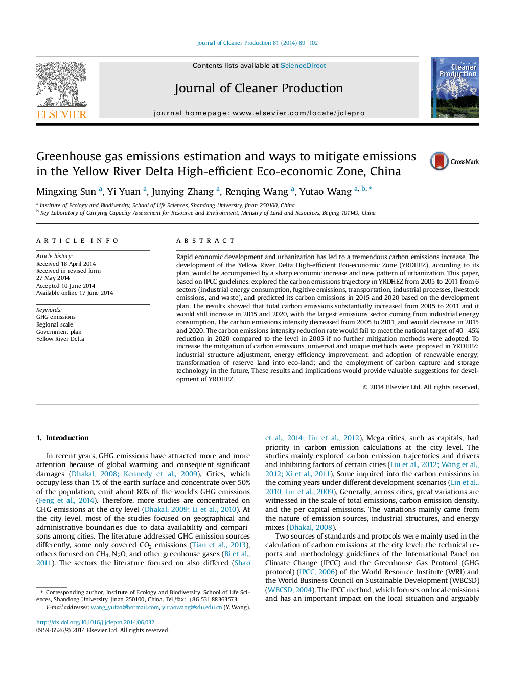 Greenhouse gas emissions estimation and ways to mitigate emissions in the Yellow River Delta High-efficient Eco-economic Zone, China