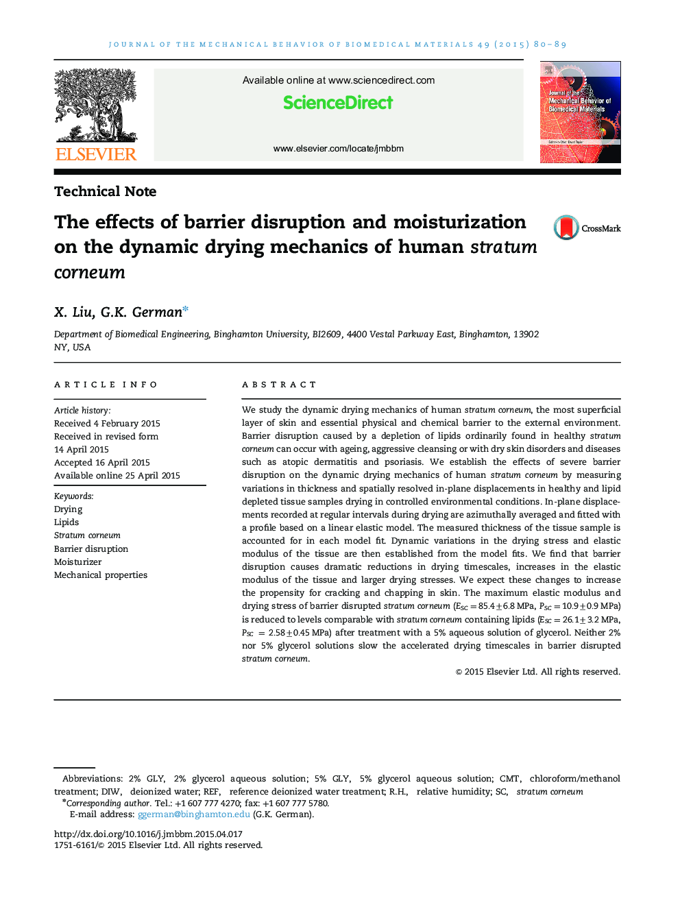 The effects of barrier disruption and moisturization on the dynamic drying mechanics of human stratum corneum