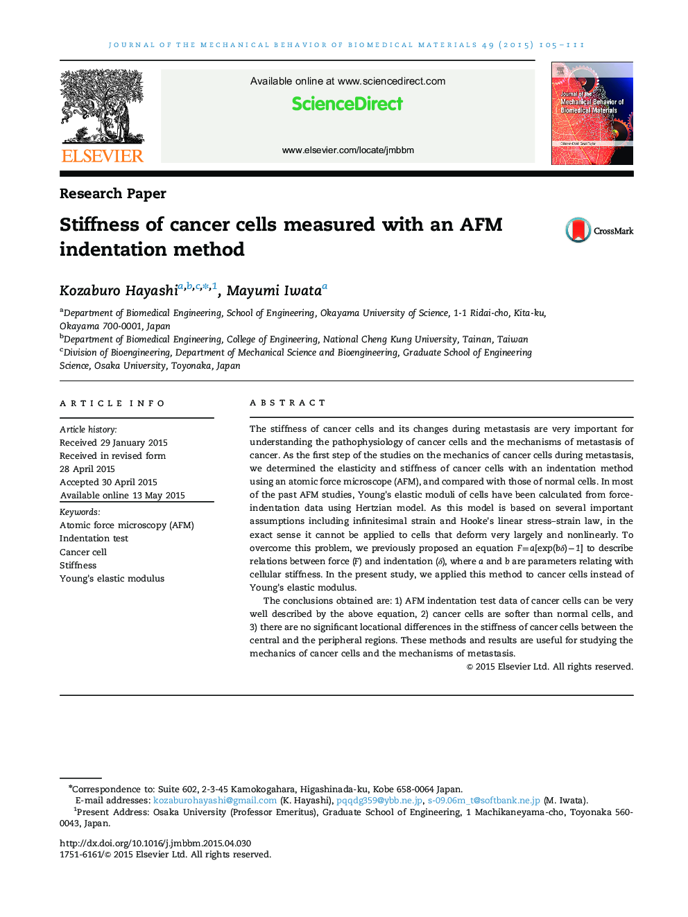 Stiffness of cancer cells measured with an AFM indentation method