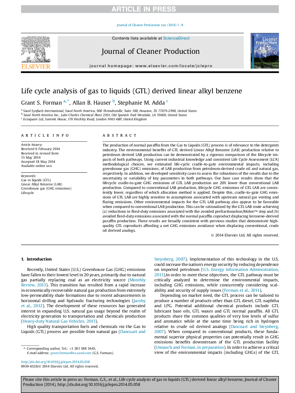 Life cycle analysis of gas to liquids (GTL) derived linear alkyl benzene