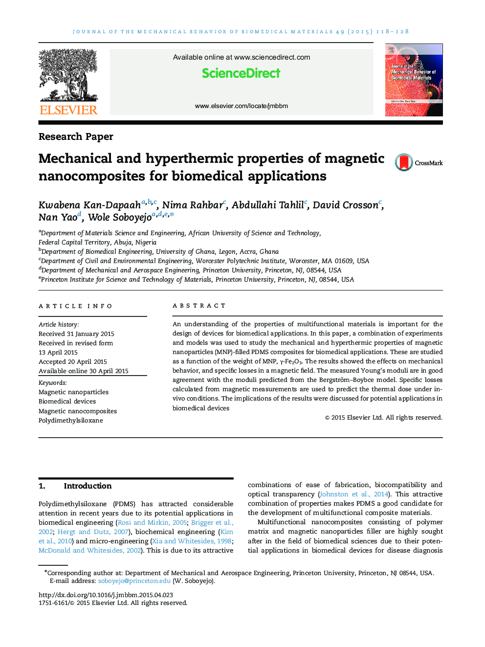 Mechanical and hyperthermic properties of magnetic nanocomposites for biomedical applications