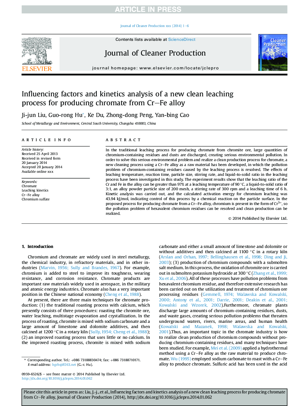 Influencing factors and kinetics analysis of a new clean leaching process for producing chromate from Cr-Fe alloy