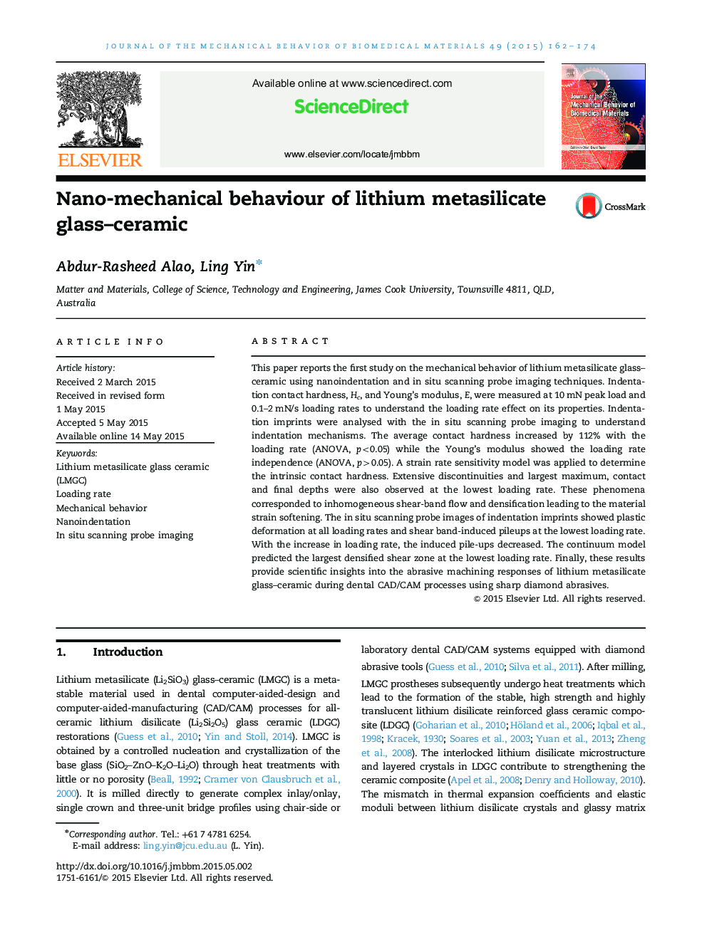 Nano-mechanical behaviour of lithium metasilicate glass–ceramic