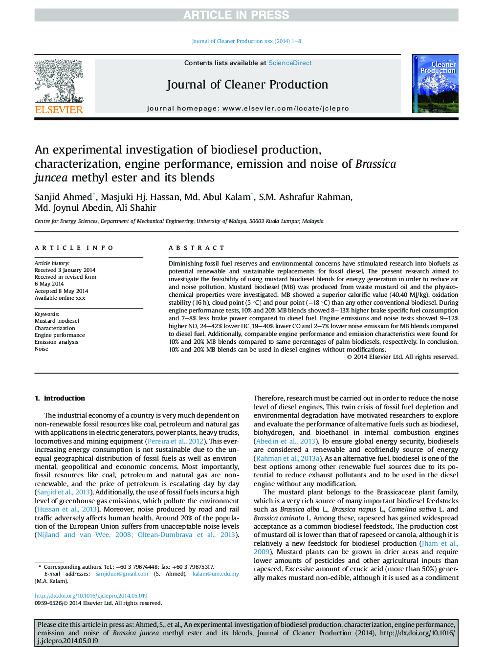 عکس صفحه اول مقاله: An experimental investigation of biodiesel production, characterization, engine performance, emission and noise of Brassica juncea methyl ester and its blends An experimental investigation of biodiesel production, characterization, engine performance, emission and noise of Brassica juncea methyl ester and its blends