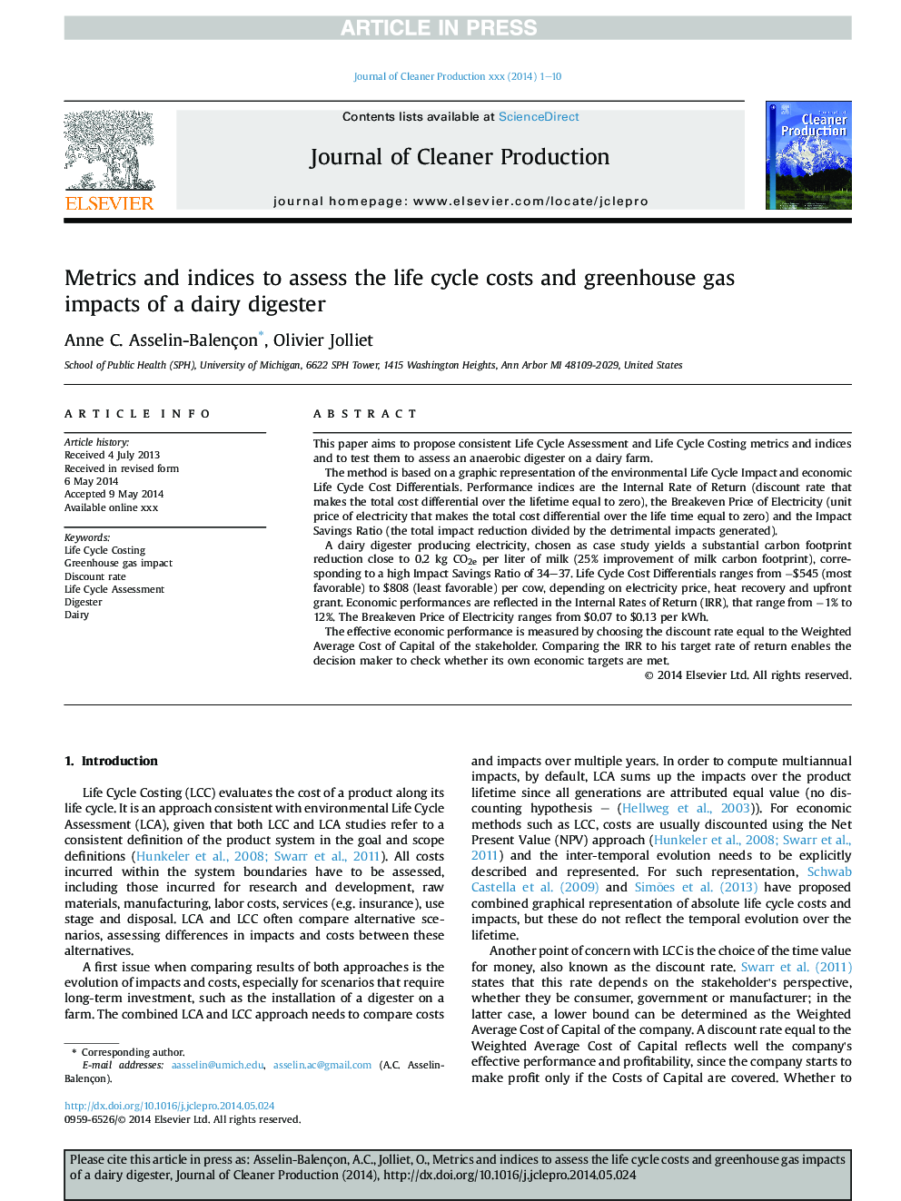 Metrics and indices to assess the life cycle costs and greenhouse gas impacts of a dairy digester