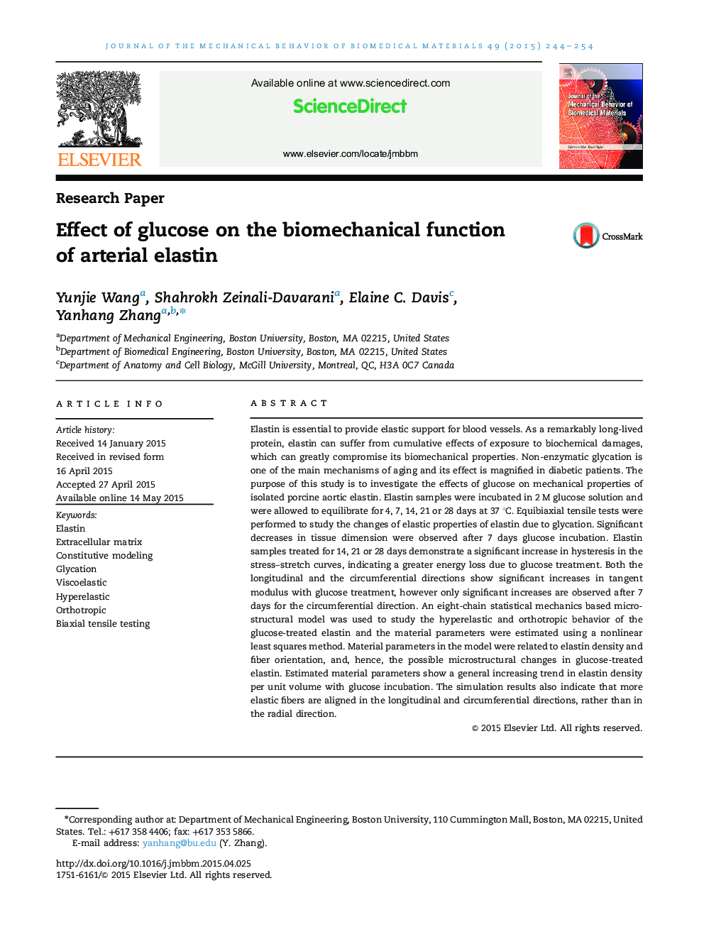 Effect of glucose on the biomechanical function of arterial elastin