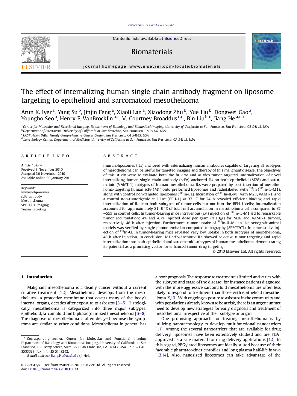 The effect of internalizing human single chain antibody fragment on liposome targeting to epithelioid and sarcomatoid mesothelioma