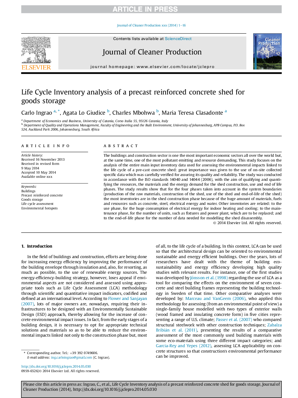 Life Cycle Inventory analysis of a precast reinforced concrete shed for goods storage