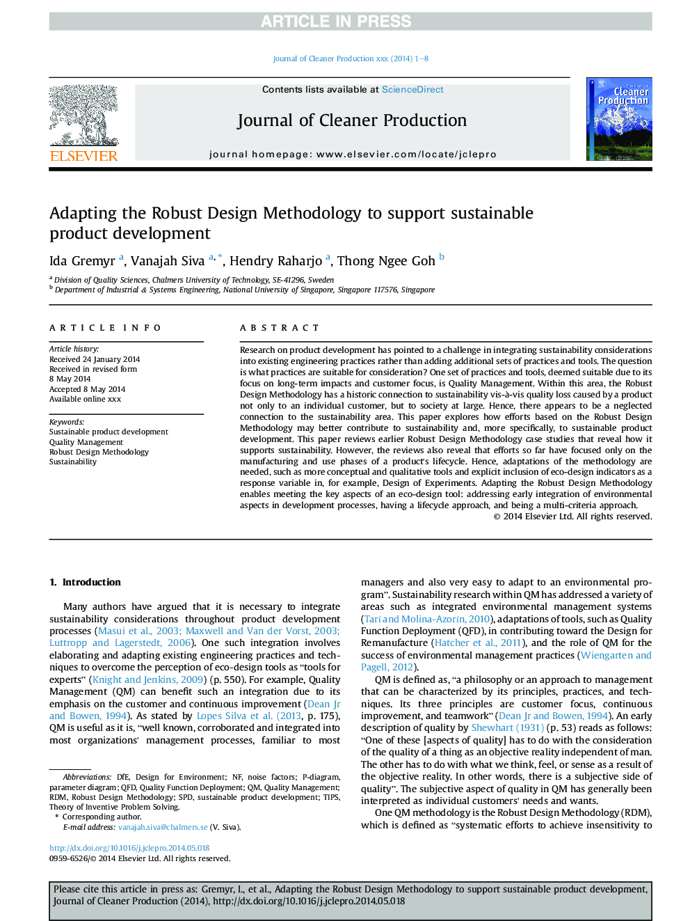 Adapting the Robust Design Methodology to support sustainable product development