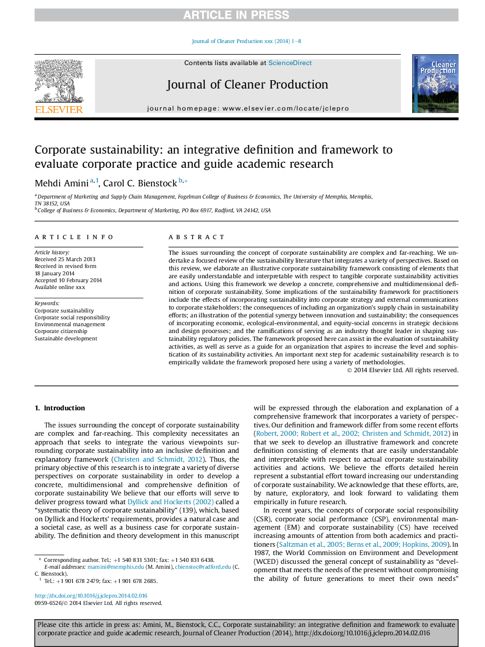 Corporate sustainability: an integrative definition and framework to evaluate corporate practice and guide academic research