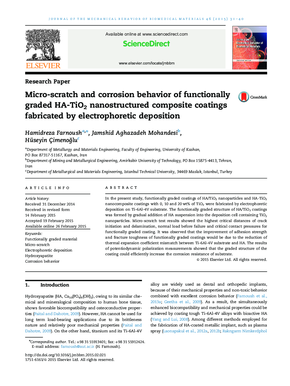 Micro-scratch and corrosion behavior of functionally graded HA-TiO2 nanostructured composite coatings fabricated by electrophoretic deposition