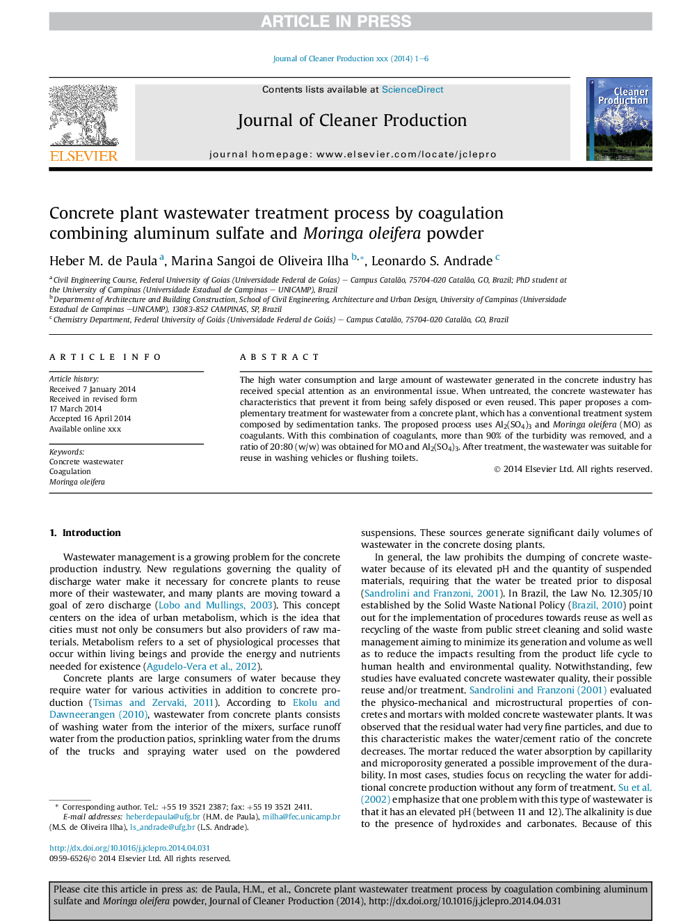 Concrete plant wastewater treatment process by coagulation combining aluminum sulfate and Moringa oleifera powder