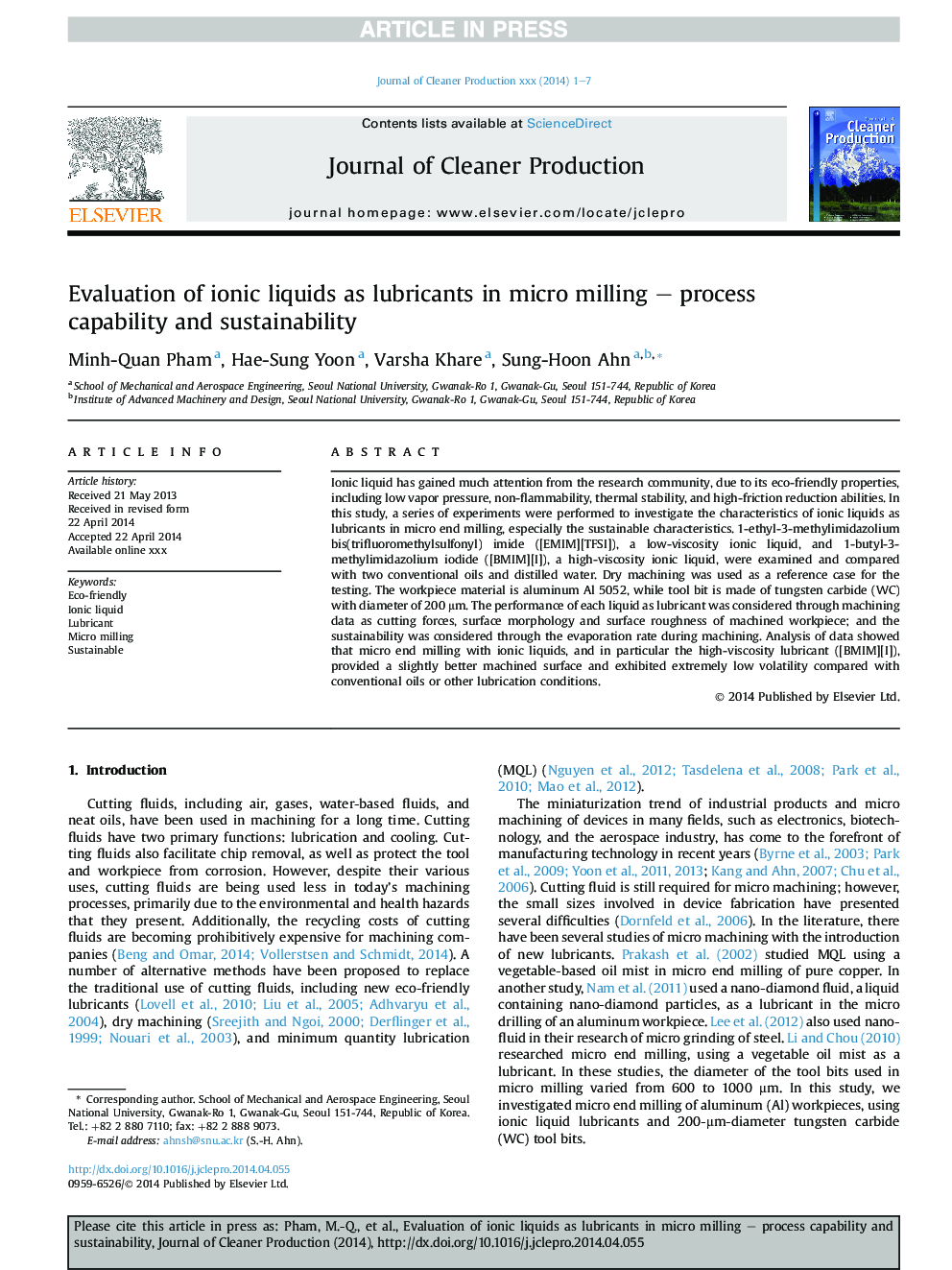 ارزیابی مایعات یونی به عنوان روانکاری در میکرو آسیاب - قابلیت فرآیند و پایداری 