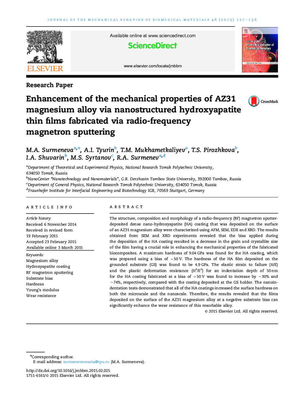 Enhancement of the mechanical properties of AZ31 magnesium alloy via nanostructured hydroxyapatite thin films fabricated via radio-frequency magnetron sputtering