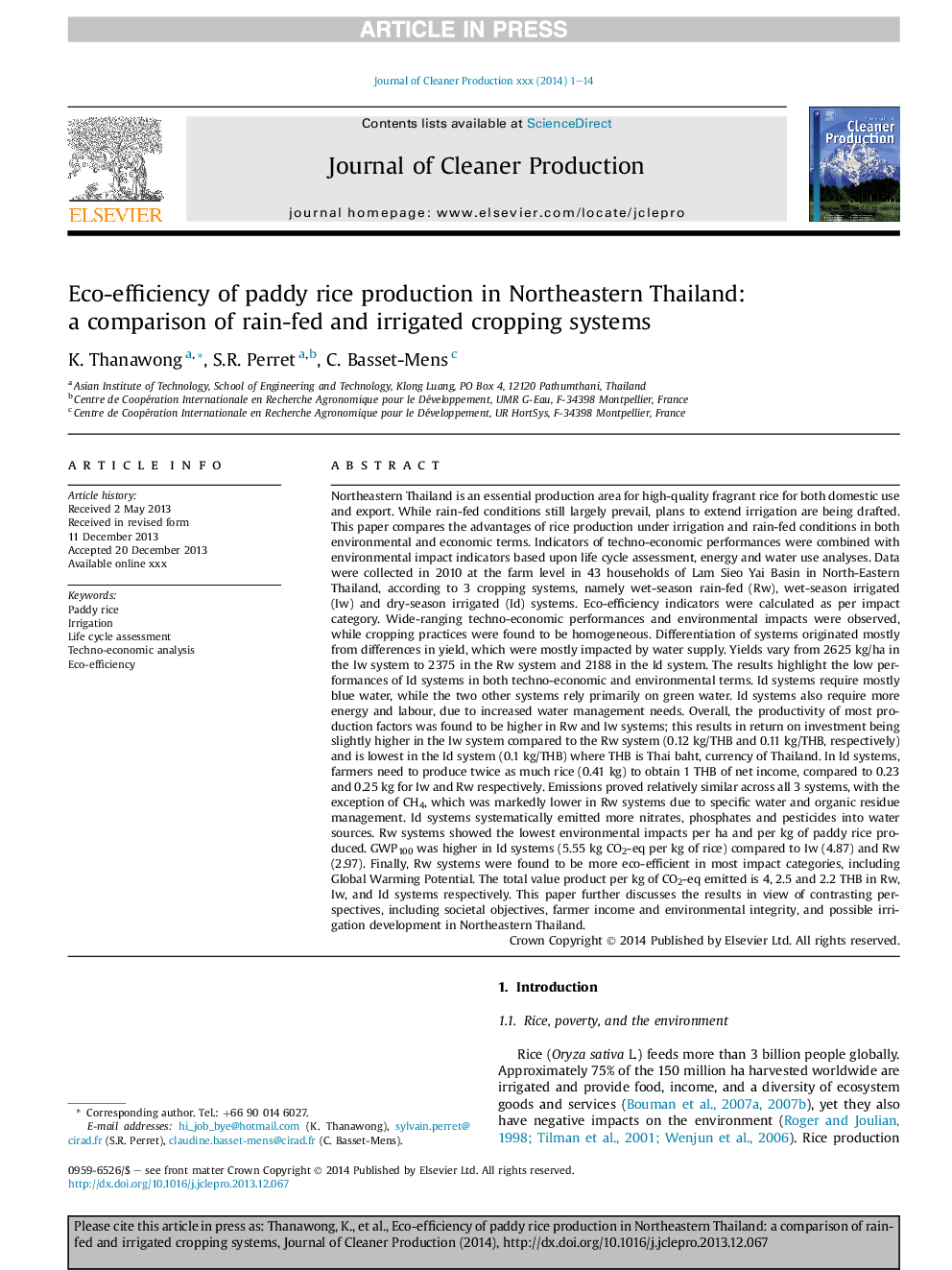 عکس صفحه اول مقاله: Eco-efficiency of paddy rice production in Northeastern Thailand: a comparison of rain-fed and irrigated cropping systems Eco-efficiency of paddy rice production in Northeastern Thailand: a comparison of rain-fed and irrigated cropping systems