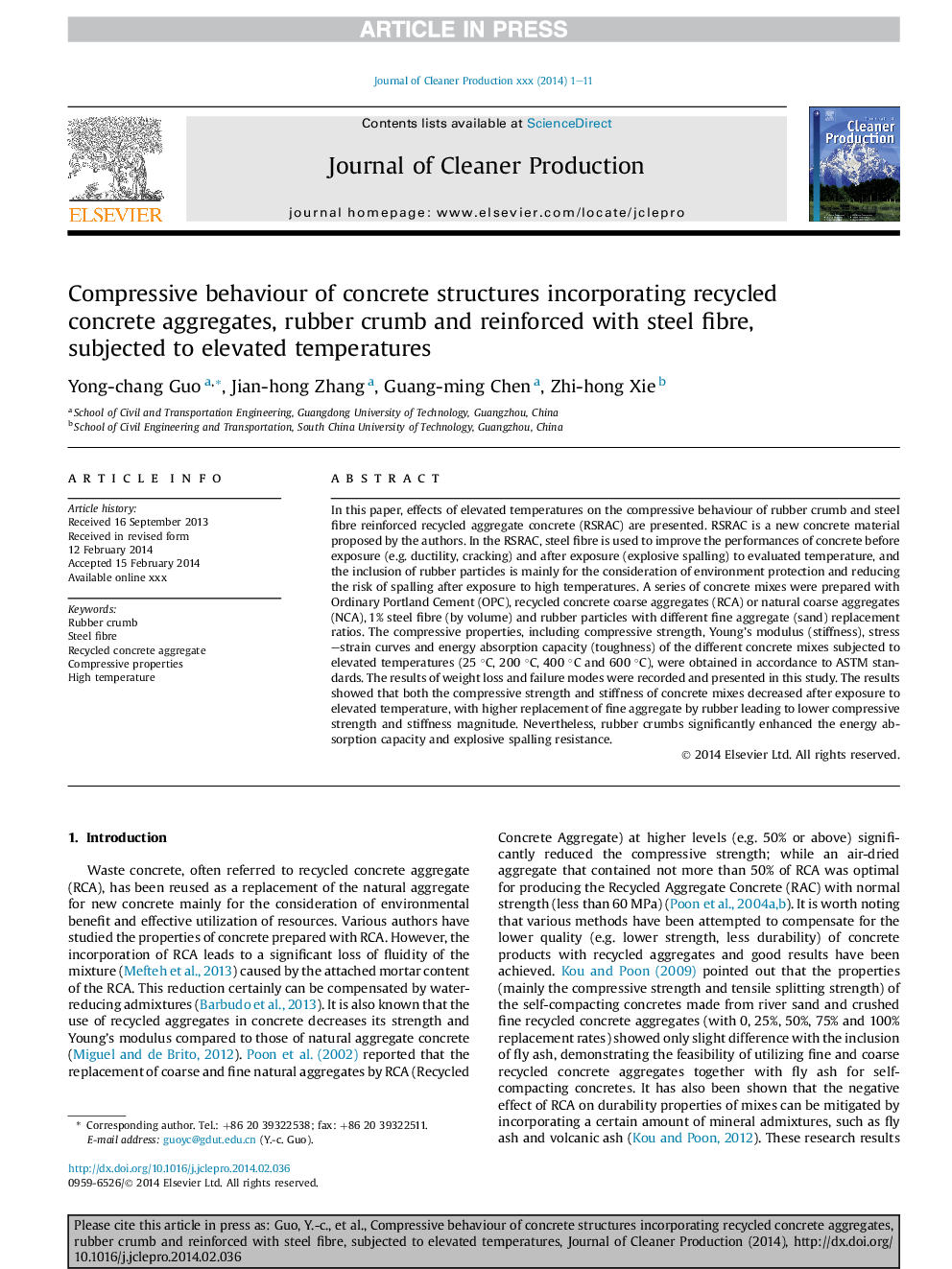 Compressive behaviour of concrete structures incorporating recycled concrete aggregates, rubber crumb and reinforced with steel fibre, subjected to elevated temperatures