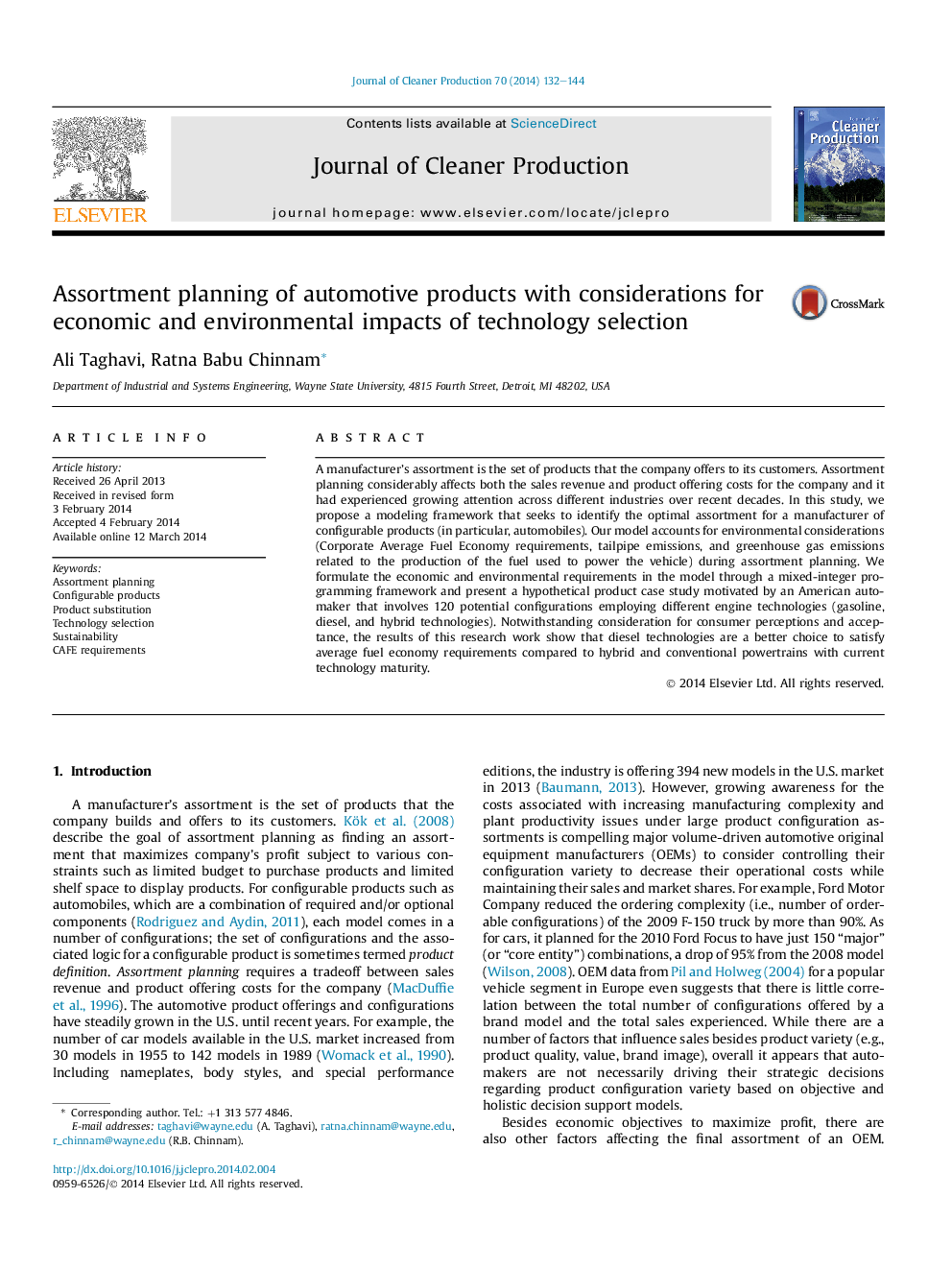 Assortment planning of automotive products with considerations for economic and environmental impacts of technology selection