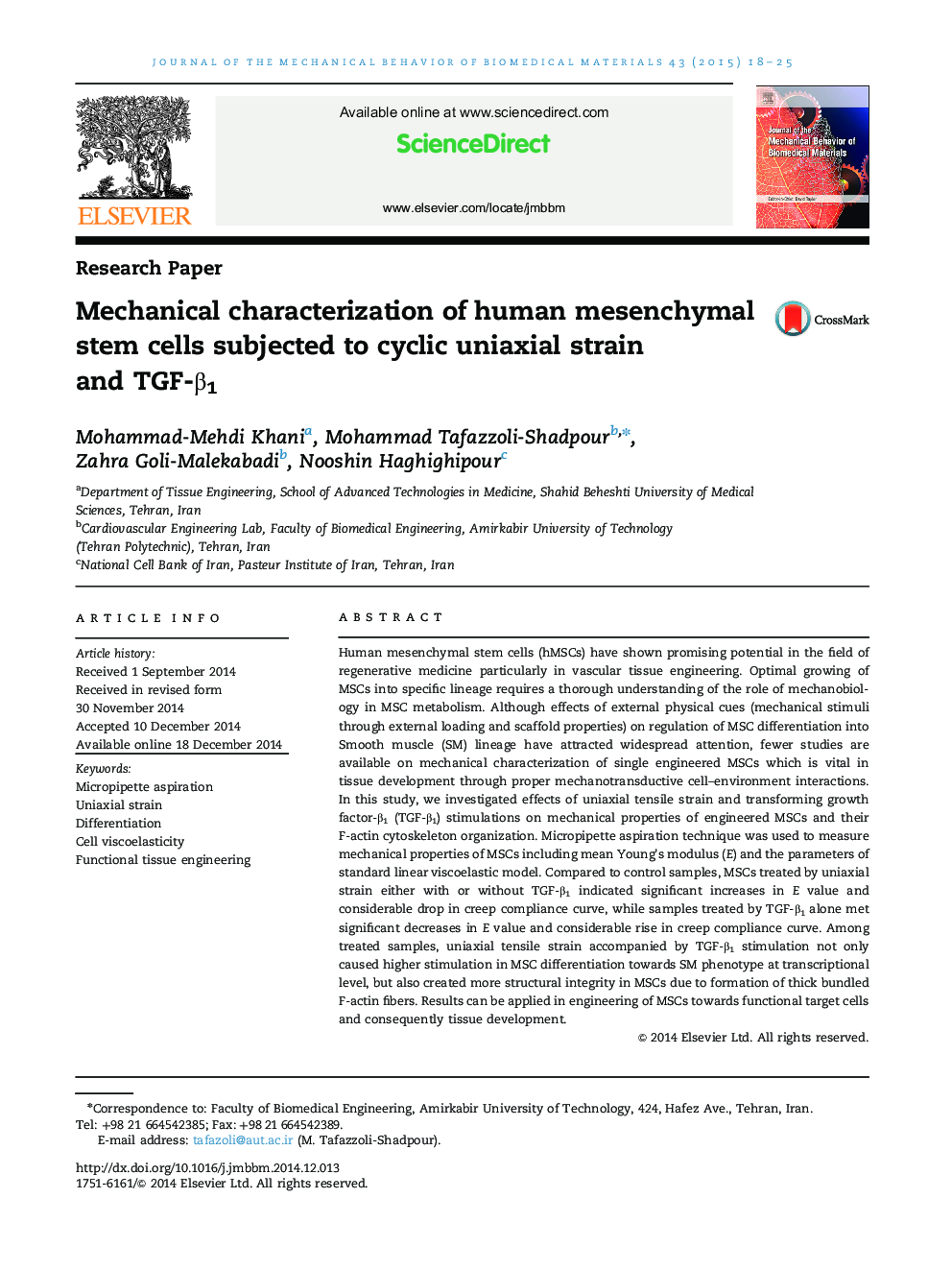 Mechanical characterization of human mesenchymal stem cells subjected to cyclic uniaxial strain and TGF-β1