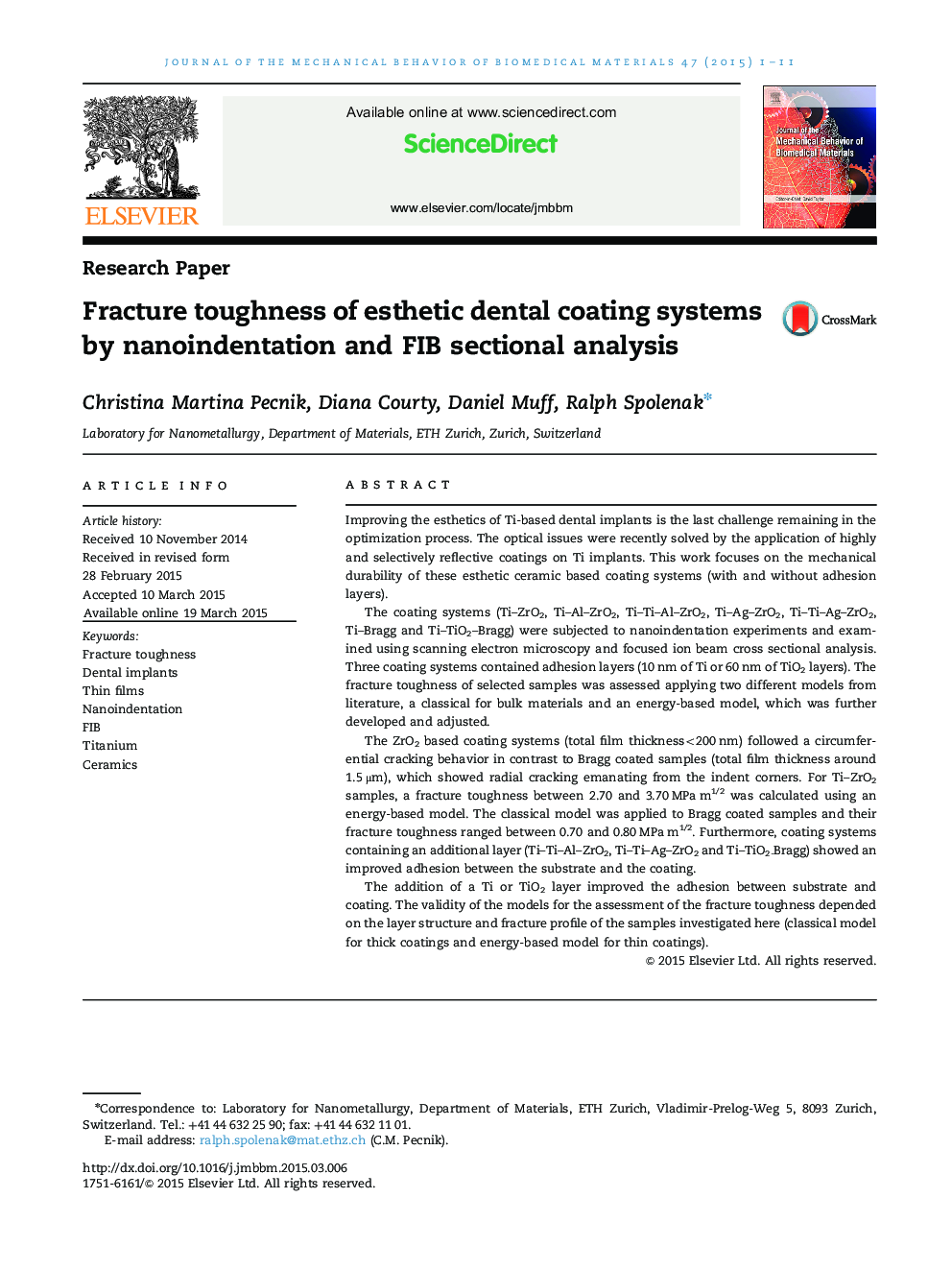Fracture toughness of esthetic dental coating systems by nanoindentation and FIB sectional analysis