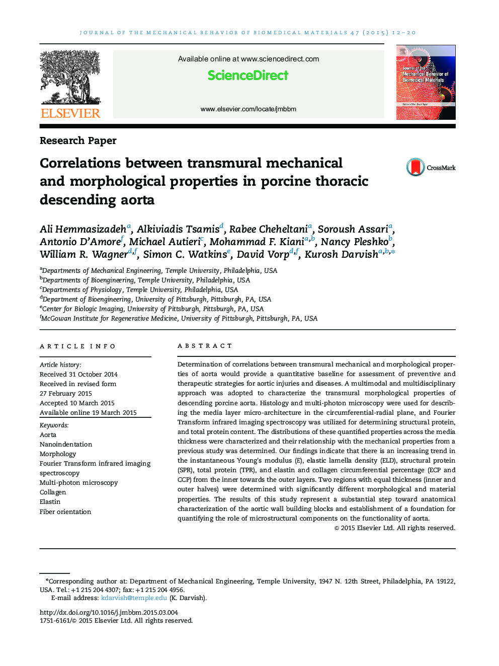 Correlations between transmural mechanical and morphological properties in porcine thoracic descending aorta