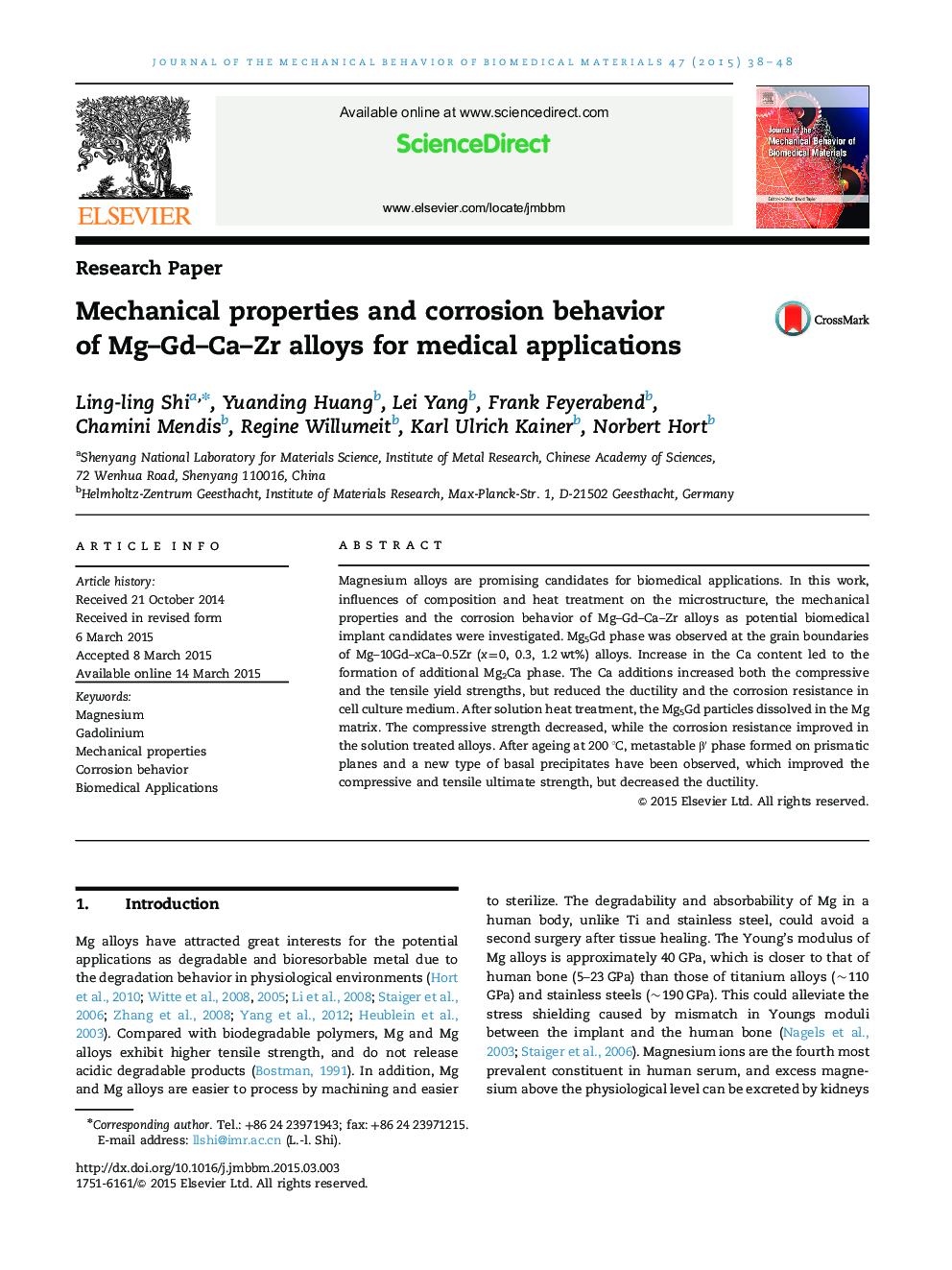 Mechanical properties and corrosion behavior of Mg–Gd–Ca–Zr alloys for medical applications