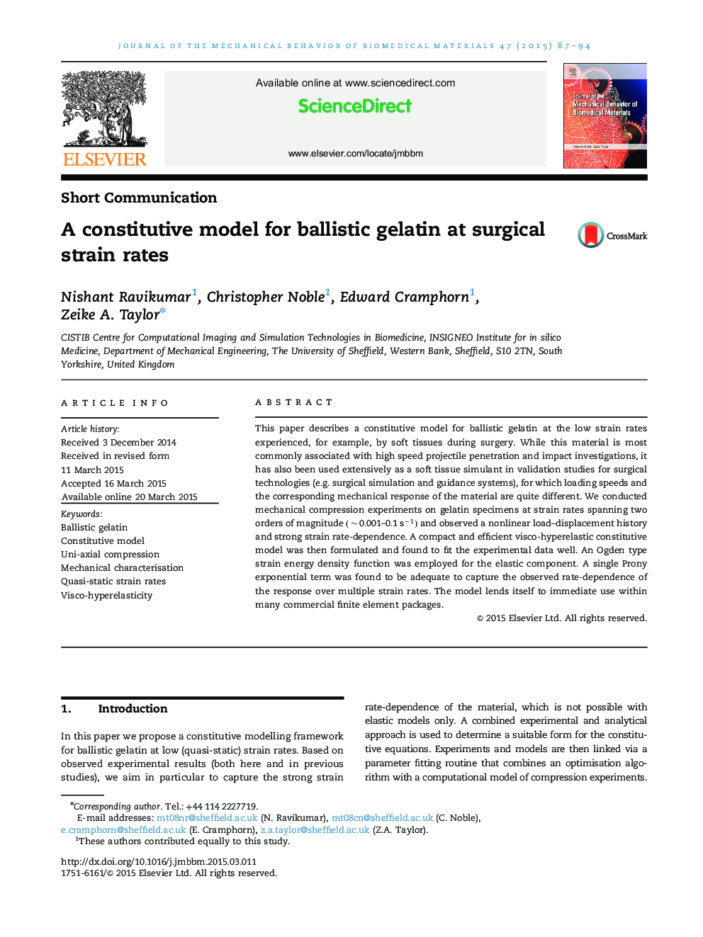 یک مدل سازنده برای ژلاتین بالستیک در نرخ کرنش جراحی 