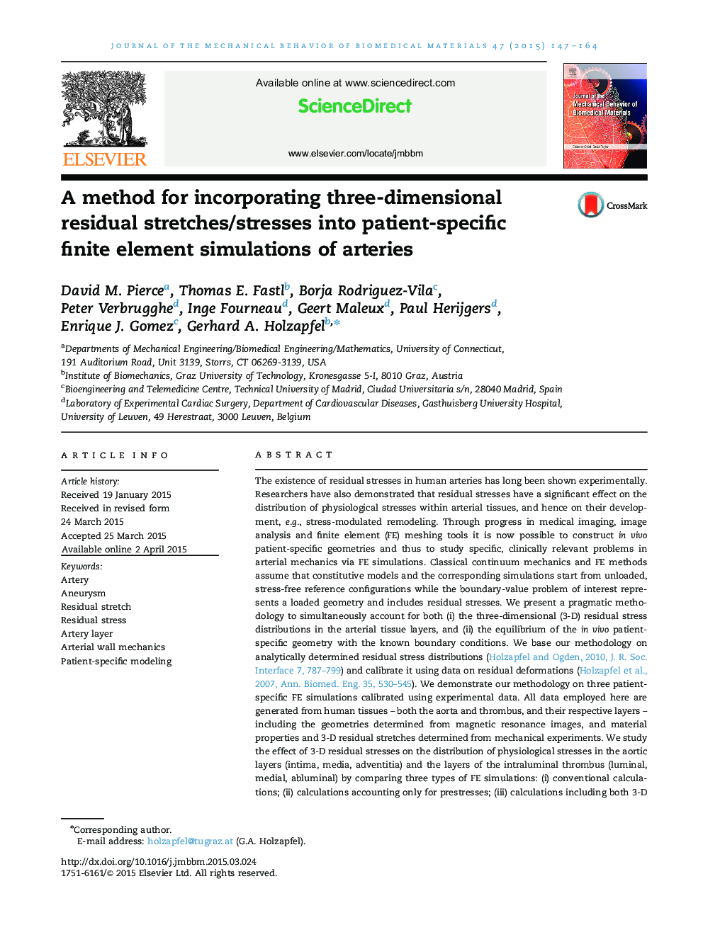 A method for incorporating three-dimensional residual stretches/stresses into patient-specific finite element simulations of arteries